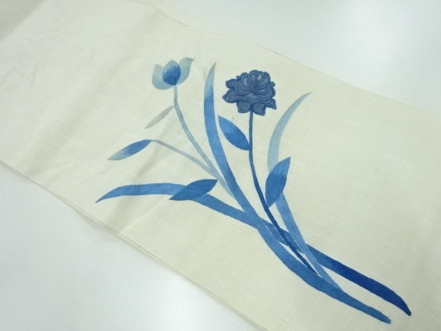 アンティーク　都製　絹麻レース刺繍草花模様名古屋帯